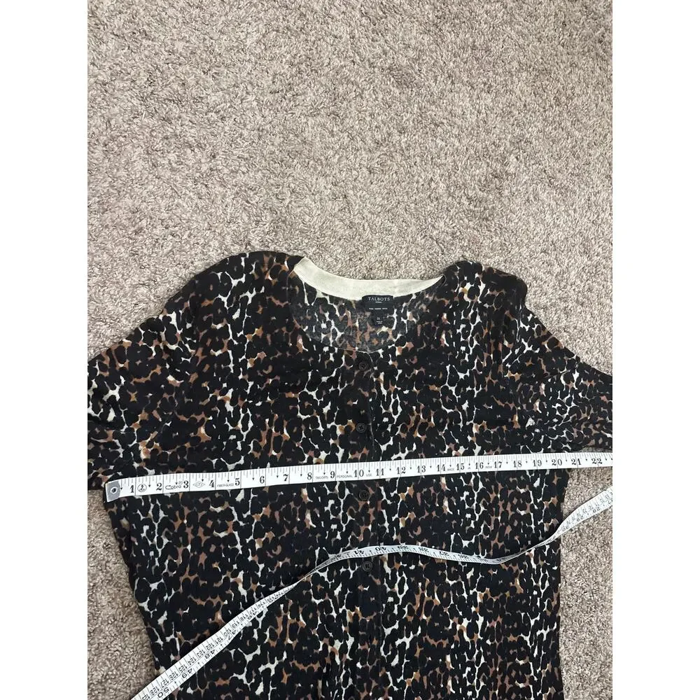 Talbots Leopard Print Cardigan Sweater L 100% Merino Wool Button Front